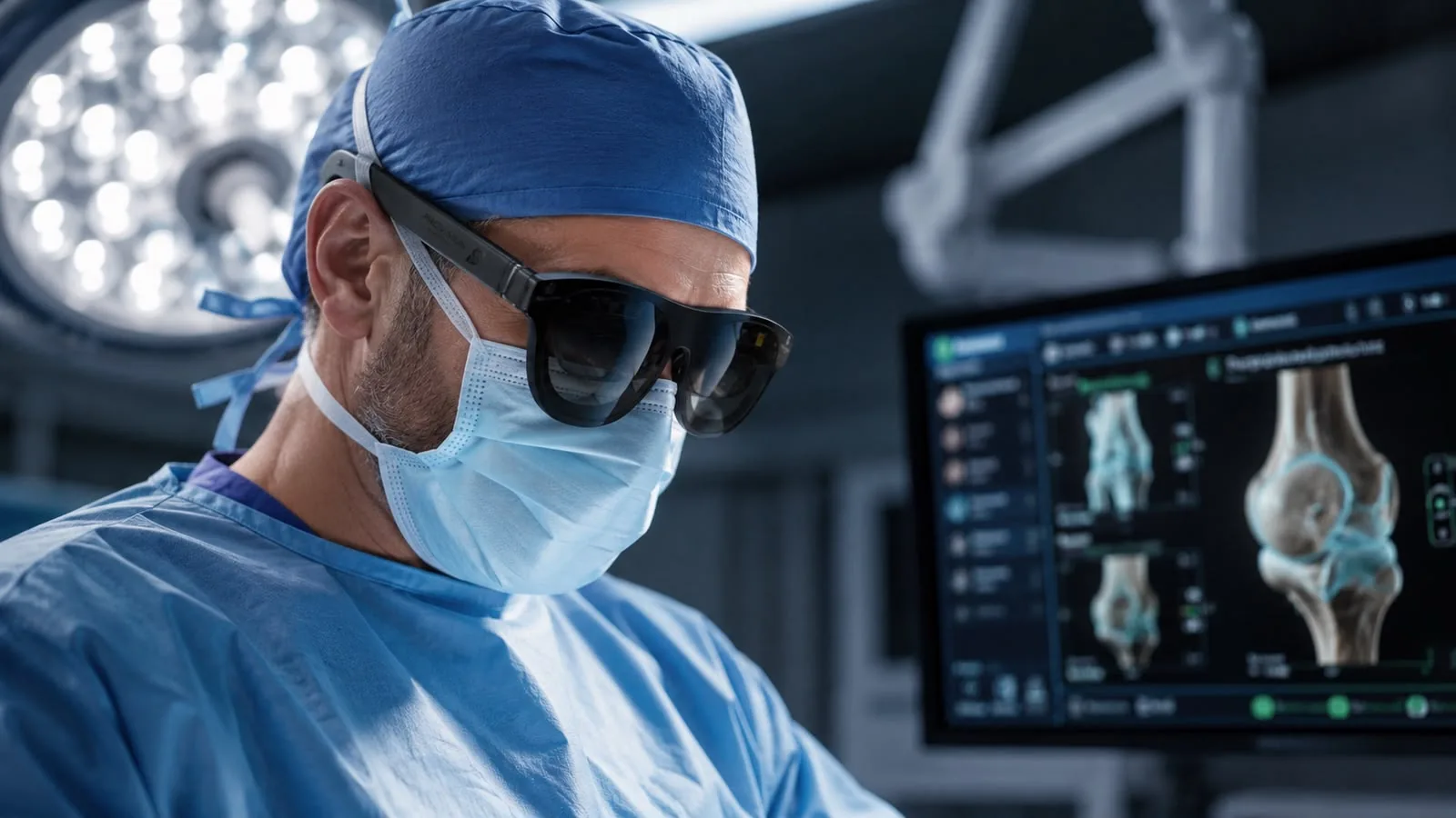 Surgeon wearing AR glasses with a 3D knee model displayed in the operating room